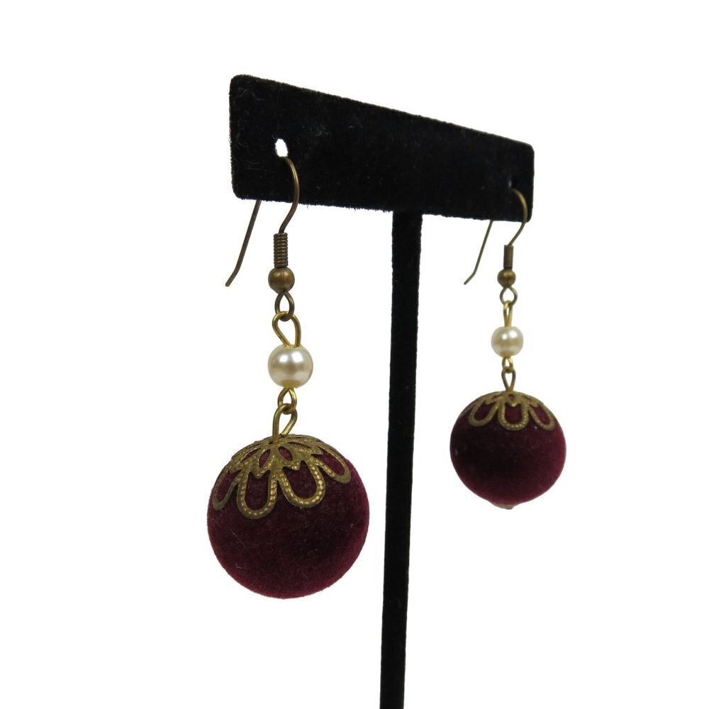 1970s Velvet Drop Earrings Vintage Costume Jewelry Burgundy Disco Earrings
